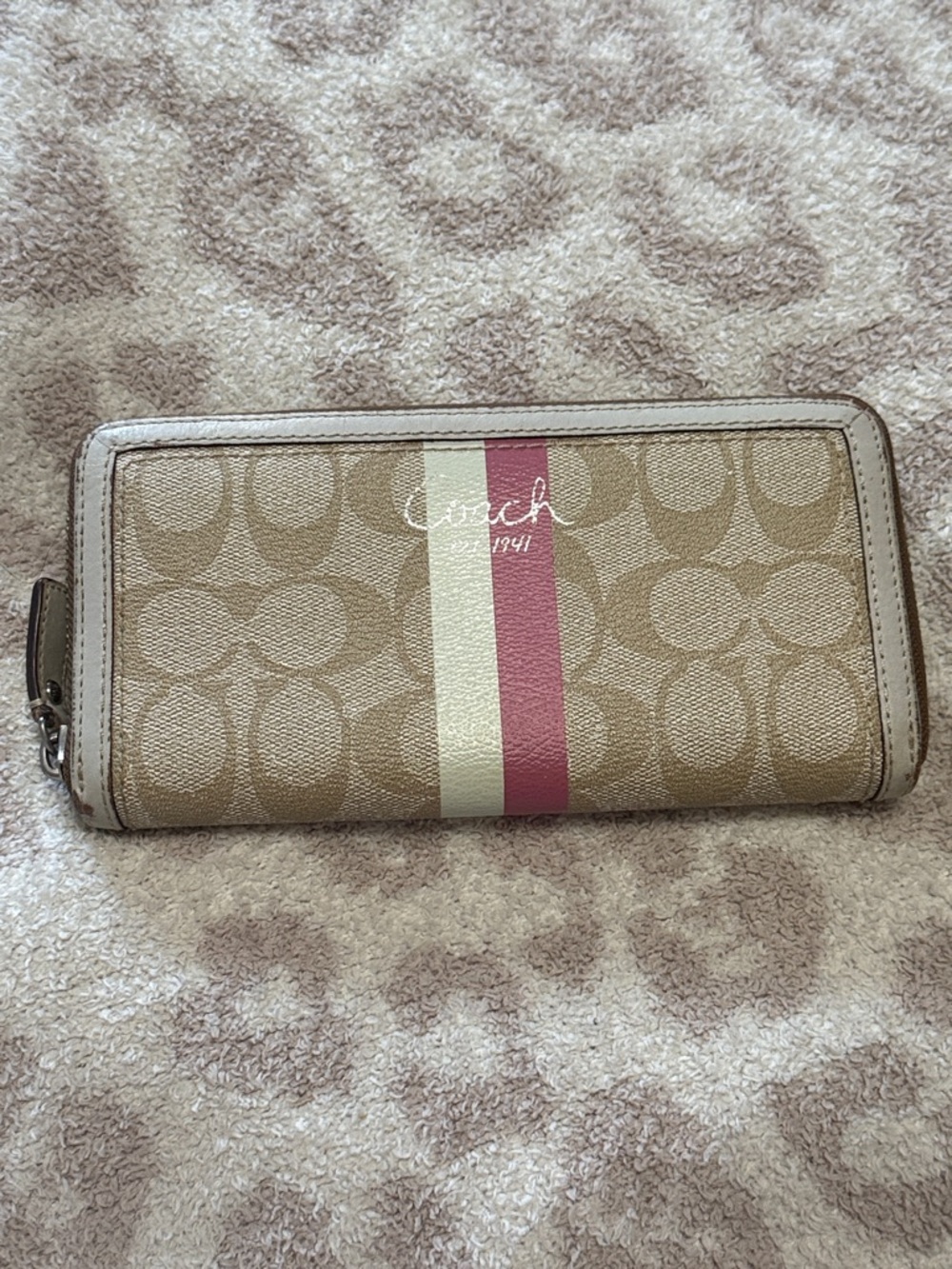 Coach Tan Signature Zip Wallet with Pink & Cream Stripe